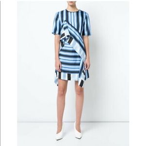 DIANE VON FURSTENBERG 100% Silk Blue Striped Ruffle Shirt Dress